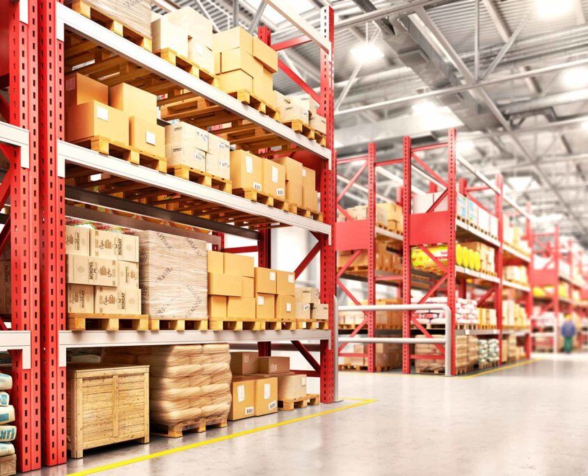 Interior warehouse view with red storage shelves